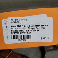 Tooled Western Rowel Spurs, Leaher Straps *xc, mnr stains, film, rubs & dents
