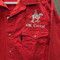 MENS LS Hvy Cotton Western Shirt, snaps "OK Corral" *gc, older, seam puckers, faded, rubs

