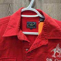 MENS LS Hvy Cotton Western Shirt, snaps "OK Corral" *gc, older, seam puckers, faded, rubs
