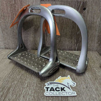 Pr Wide Cheese Grater Stirrup Irons *gc/fair, clean, residue, hair, peeling, bubbled finish
