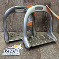 Pr Wide Cheese Grater Stirrup Irons *gc/fair, clean, residue, hair, peeling, bubbled finish
