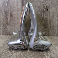 Pr Wide Cheese Grater Stirrup Irons *gc/fair, clean, residue, hair, peeling, bubbled finish
