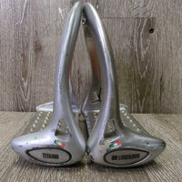 Pr Wide Cheese Grater Stirrup Irons *gc/fair, clean, residue, hair, peeling, bubbled finish
