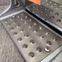 Pr Wide Cheese Grater Stirrup Irons *gc/fair, clean, residue, hair, peeling, bubbled finish
