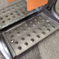 Pr Wide Cheese Grater Stirrup Irons *gc/fair, clean, residue, hair, peeling, bubbled finish
