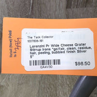 Pr Wide Cheese Grater Stirrup Irons *gc/fair, clean, residue, hair, peeling, bubbled finish
