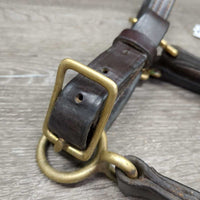 Soft Triple Stitch Leather Halter, adj, snap *vgc, residue, dents, mnr dirt, rubs, name plate holes
