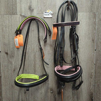 Rsd/Padded Bridle, 2x Nosebands, 1 Flash, 3x Browbands, Flat Reins xc, clean, mnr residue, dirt & scrapes, Missing 1 Flash
