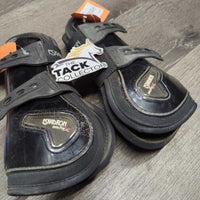 Pr Open Front Boots, tabs *gc/fair, v.dirty, faded, rubs, scuffs, sliced tab

