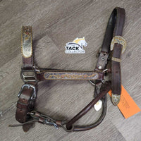 Hvy Leather & Silver Western Showmanship Halter, 32" Nose Chain Leather Lead Shank *vgc, clean & dirty, rubs, scrapes
