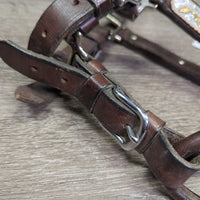 Hvy Leather & Silver Western Showmanship Halter, 32" Nose Chain Leather Lead Shank *vgc, clean & dirty, rubs, scrapes
