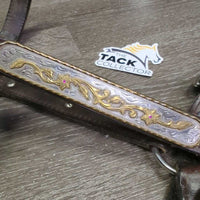 Hvy Leather & Silver Western Showmanship Halter, 32" Nose Chain Leather Lead Shank *vgc, clean & dirty, rubs, scrapes
