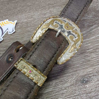 Hvy Leather & Silver Western Showmanship Halter, 32" Nose Chain Leather Lead Shank *vgc, clean & dirty, rubs, scrapes
