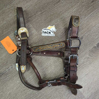 Hvy Leather & Silver Western Showmanship Halter, 32" Nose Chain Leather Lead Shank *vgc, clean & dirty, rubs, scrapes
