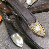 Hvy Leather & Silver Western Showmanship Halter, 32" Nose Chain Leather Lead Shank *vgc, clean & dirty, rubs, scrapes
