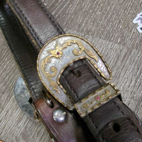 Hvy Leather & Silver Western Showmanship Halter, 32" Nose Chain Leather Lead Shank *vgc, clean & dirty, rubs, scrapes
