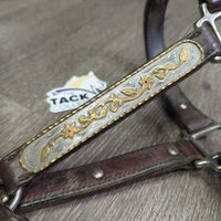 Hvy Leather & Silver Western Showmanship Halter, 32" Nose Chain Leather Lead Shank *vgc, clean & dirty, rubs, scrapes
