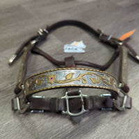 Hvy Leather & Silver Western Showmanship Halter, 32" Nose Chain Leather Lead Shank *vgc, clean & dirty, rubs, scrapes
