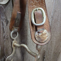 Vintage Wide Tooled Leather Headstall, Buckles, Curb Bit *gc, older, clean, mnr stains, dirt & creases, v.rusty
