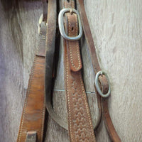 Vintage Wide Tooled Leather Headstall, Buckles, Curb Bit *gc, older, clean, mnr stains, dirt & creases, v.rusty
