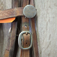 Vintage Wide Tooled Leather Headstall, Buckles, Curb Bit *gc, older, clean, mnr stains, dirt & creases, v.rusty
