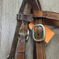 Vintage Wide Tooled Leather Headstall, Buckles, Curb Bit *gc, older, clean, mnr stains, dirt & creases, v.rusty

