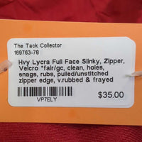 Hvy Lycra Full Face Slinky, Zipper, Velcro *fair/gc, clean, holes, snags, rubs, pulled/unstitched zipper edge, v.rubbed & frayed seams, threads
