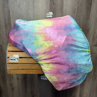 Treeless Saddle, HAF Equitation Saddle Pad, T-Bar Leathers, Rainbow Saddle Cover
