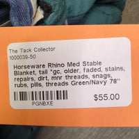 Med Stable Blanket, tail *gc, older, faded, stains, repairs, dirt, mnr threads, snags, rubs, pills, threads
