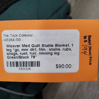 Med Quilt Stable Blanket, 1 leg *gc, mnr dirt, film, stains, rubs, snags, rust, hair, missing leg
