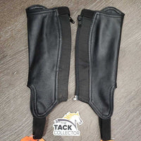 JUNIORS Synthetic Leather Half Chaps, Back Zipper *vgc, mnr dirt, rubs, pills, hairy, stretched els & puckers
