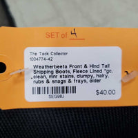 Front & Hind Tall Shipping Boots, Fleece Lined *gc, clean, mnr stains, clumpy, hairy, rubs & snags & frays, older
