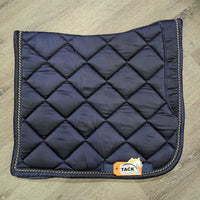 Quilt Padded Dressage Saddle Pad, 2x piping *gc, clean, mnr hair, shrunk, puckers, faded, rubs, pills, snags
