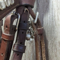 Rsd/FS Padded Monocrown Bridle, Bling, Rubbber Lined Reins, Charm *gc, dirty, dry, stiff, rubs, mismatched, scratches, threads, edge scrapes
