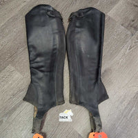 Leather Half Chaps, Back Zipper *gc/fair, clean & dirty, stains, elastics: rubs, frays, thin spots, pops & holes
