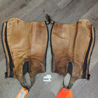 Leather Half Chaps, Back Zipper *gc/fair, clean & dirty, stains, elastics: rubs, frays, thin spots, pops & holes
