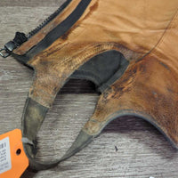 Leather Half Chaps, Back Zipper *gc/fair, clean & dirty, stains, elastics: rubs, frays, thin spots, pops & holes

