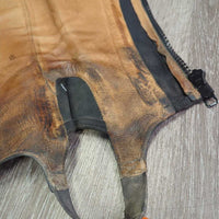 Leather Half Chaps, Back Zipper *gc/fair, clean & dirty, stains, elastics: rubs, frays, thin spots, pops & holes

