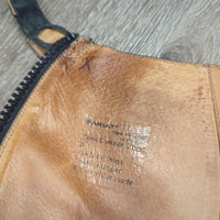 Leather Half Chaps, Back Zipper *gc/fair, clean & dirty, stains, elastics: rubs, frays, thin spots, pops & holes
