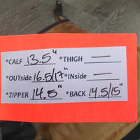 Leather Half Chaps, Back Zipper *gc/fair, clean & dirty, stains, elastics: rubs, frays, thin spots, pops & holes
