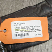 Small Belly Girth, 2x Long Elastic, D Ring, Strap *fair, UNSTITCHED ends, peeled, stains, clean, rubs, discolored, hairy seams, elastic: stretched & hole
