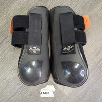 Pr Open Front Boots, velcro *vgc, mnr hair, rubs, scuffs & residue
