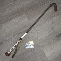 Hvy Riding Whip - Crop, woven leather handle, strap *gc, peeling, older, rubs, bent handle
