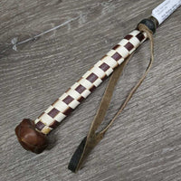 Hvy Riding Whip - Crop, woven leather handle, strap *gc, peeling, older, rubs, bent handle
