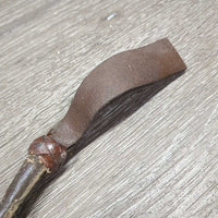 Hvy Riding Whip - Crop, woven leather handle, strap *gc, peeling, older, rubs, bent handle
