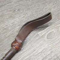 Hvy Riding Whip - Crop, woven leather handle, strap *gc, peeling, older, rubs, bent handle

