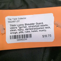 Thick Lycra Shoulder Guard, velcro *gc/fair, stretched elastic, clean, hairy, darted/adjusted neck, snags, pills, rubs, holes, musty, pulled seams
