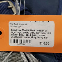Med Hi Neck Winter Blanket, 2 legs *vgc, clean, older, wpf, mnr rubs, dirt, stains, pills, faded, hair, repairs, unstitched, marks
