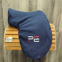 16.5" *Adj Med/Black Gullet In Premier Equine Monoflap Synthetic Dressage, Navy PEi Jersey Cover, Large Front Exterior Blocks, Synthetic Flocking, Front & Rear Gusset, Flaps: 15"L x 9"W Serial #: PE179614
