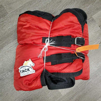 Med Quilt Stable Blanket, 2 legs *gc, clean, tears, v. cracked/missing leather, mnr threads, faded
